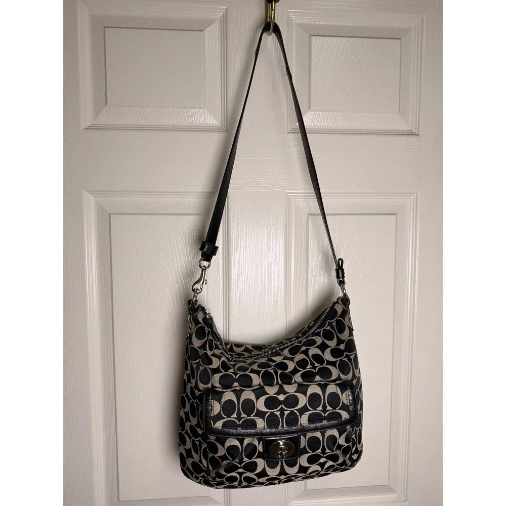 Coach Signature Jacquard Black Grey Hobo Adjustable Crossbody Bag F19232